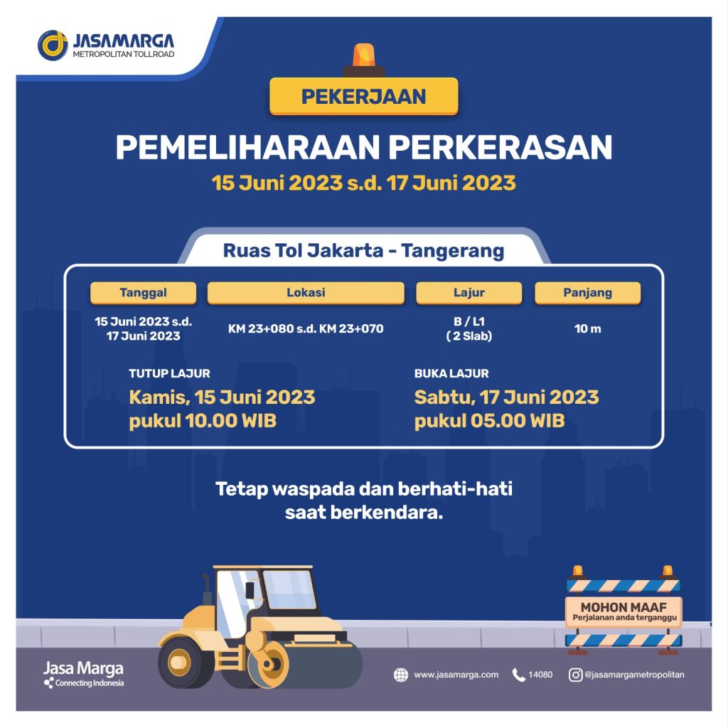 Hati-Hati Ada Perawatan Ruas Tol Jakarta-Tangerang di Juni 2023