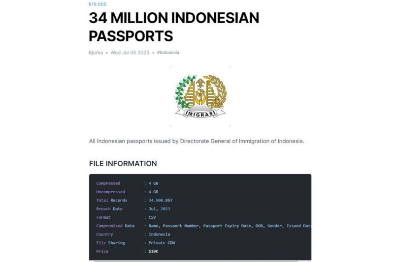 Kali Ini 34 juta Data Paspor Indonesia Diduga Bocor dan Dijual