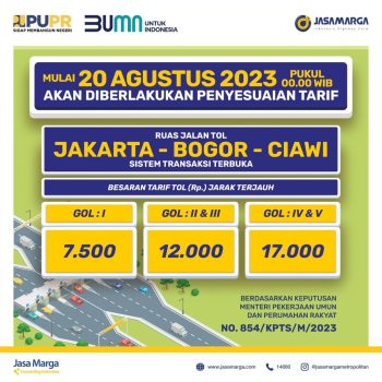 Mulai 20 Agustus 2023, Jasa Marga Berlakukan Penyesuaian Tarif di Ruas Tol Jagorawi dan Sedyatmo