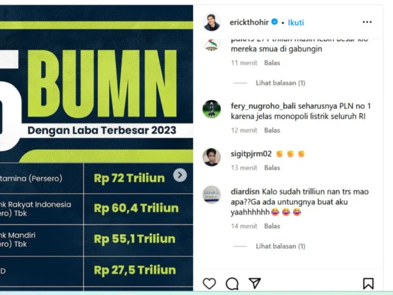 Erick Thohir: 15 BUMN Bukukan Laba Jumbo di 2023, Pertamina dan BRI Terdepan