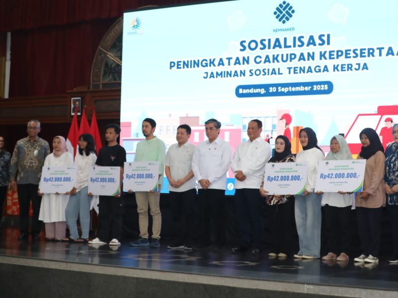 Sosialisasi Peningkatan Cakupan Kepesertaan Program Jaminan Sosial Tenaga Kerja" di Bale Asri, Pusat Dakwah Agama Islam (Pusdai) kota Bandung, Jawa Barat, Sabtu (20/9/2025).