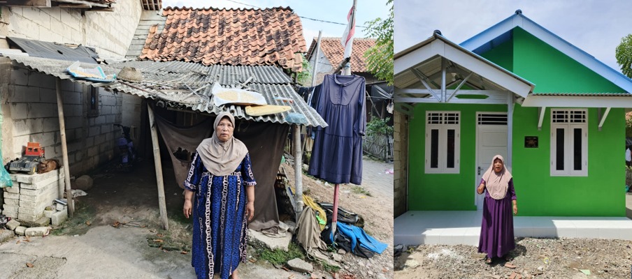 Kondisi rumah Marwah sebelum dan sesudah dibangun ulang oleh Koperasi Syariah BMI (kiri).