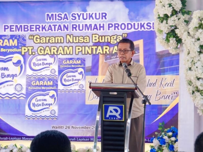 Ketua KSP Kopdir Pintu Air, Yakobus Jano saat memberikan sambutan dalam kegiatan peresmian gedung produksi Garam Nusa Bunga.
