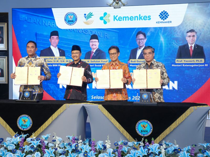 Nota Kesepahaman (MoU) tentang Sinergi Pelaksanaan Rehabilitasi dan Pascarehabilitasi bagi Pecandu, Penyalahguna, serta Korban Penyalahgunaan Narkotika, Psikotropika, dan Zat Adiktif Lainnya (Napza). Foto: humas/peluangnews